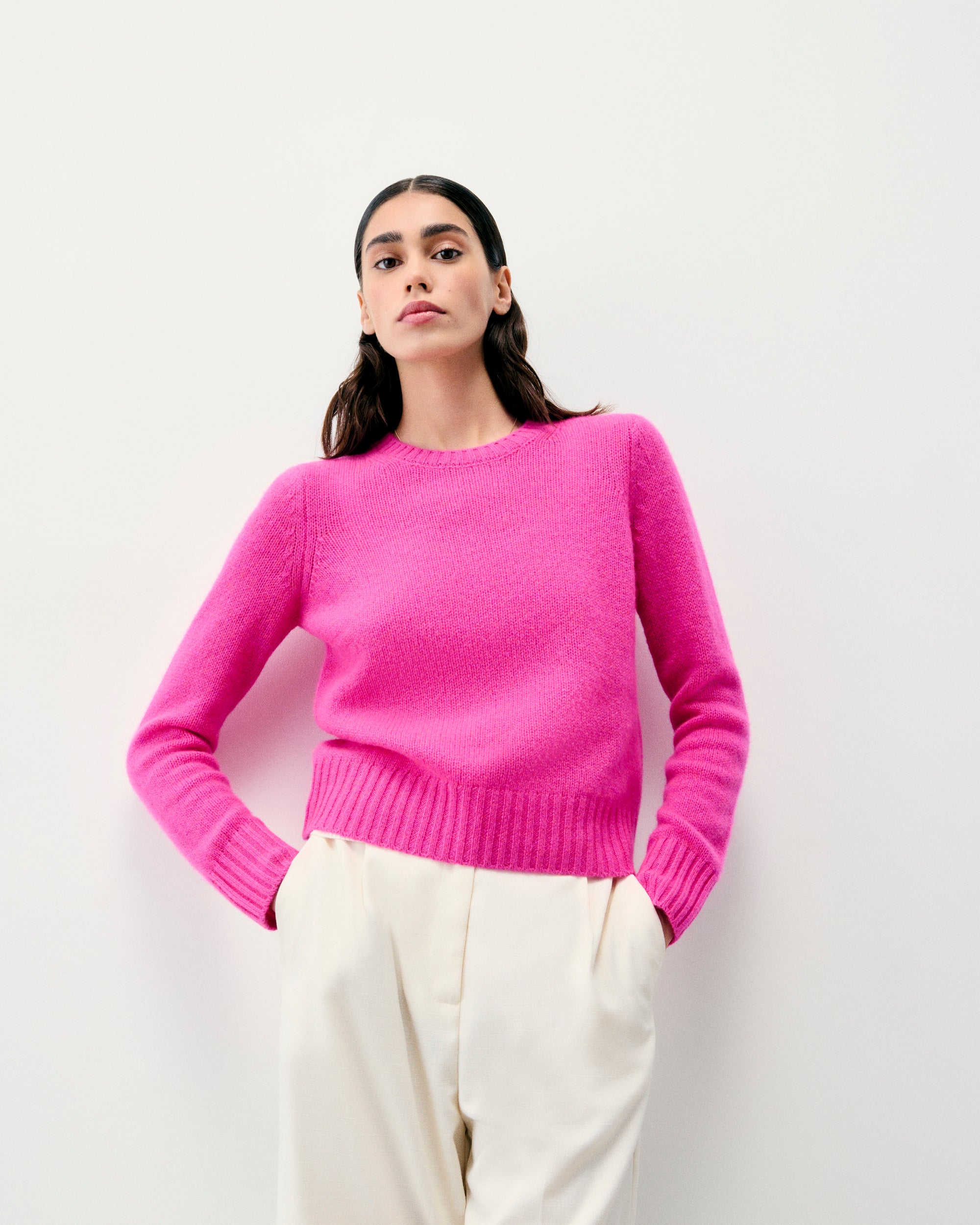 FUSCHIA PINK MOULINÉ / NEW / QTY : 1 / Pull Col Rond Court - Fuschia Pink Mouliné