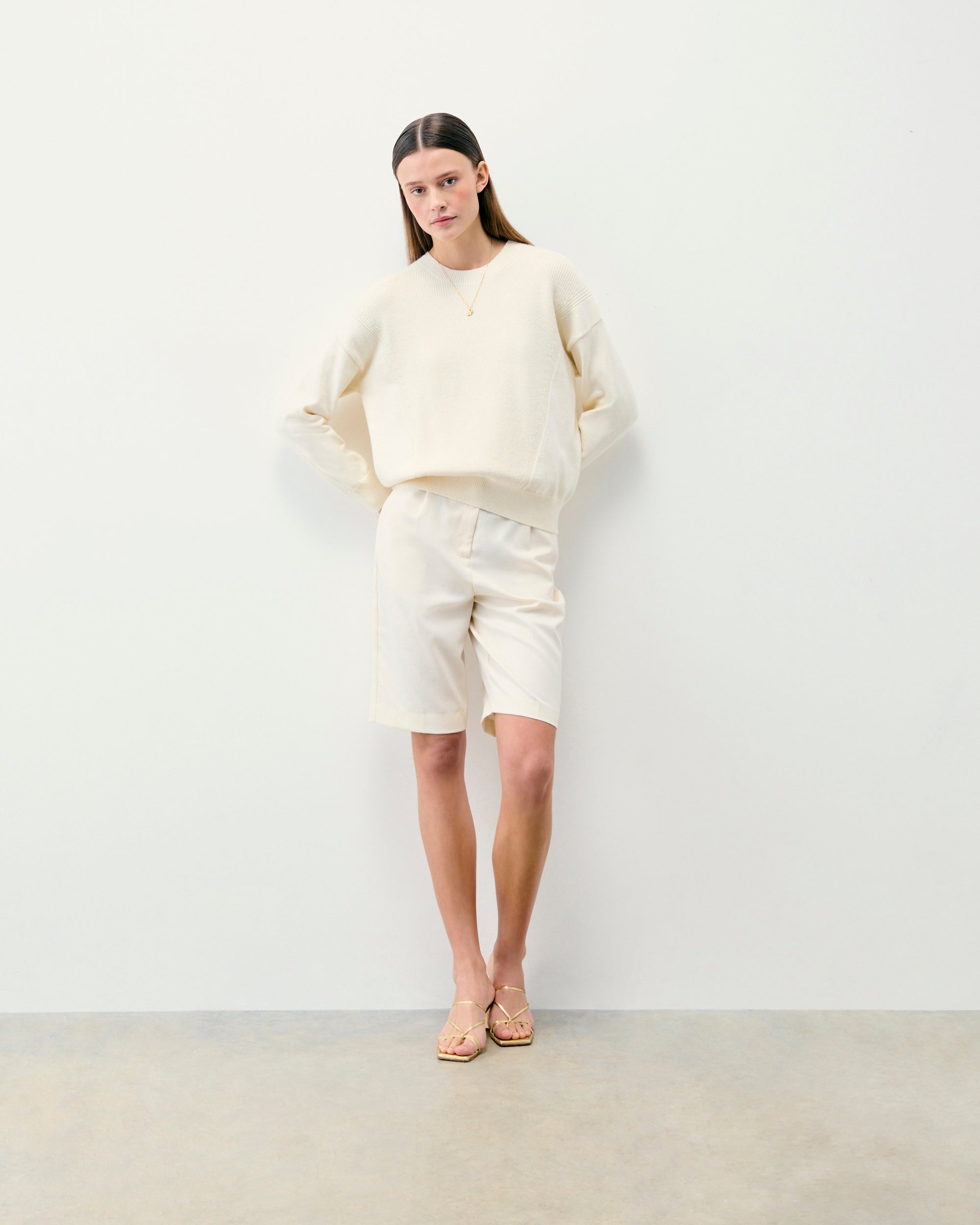 Pull Col Rond Maille Perlée   - Gris Chine Clair