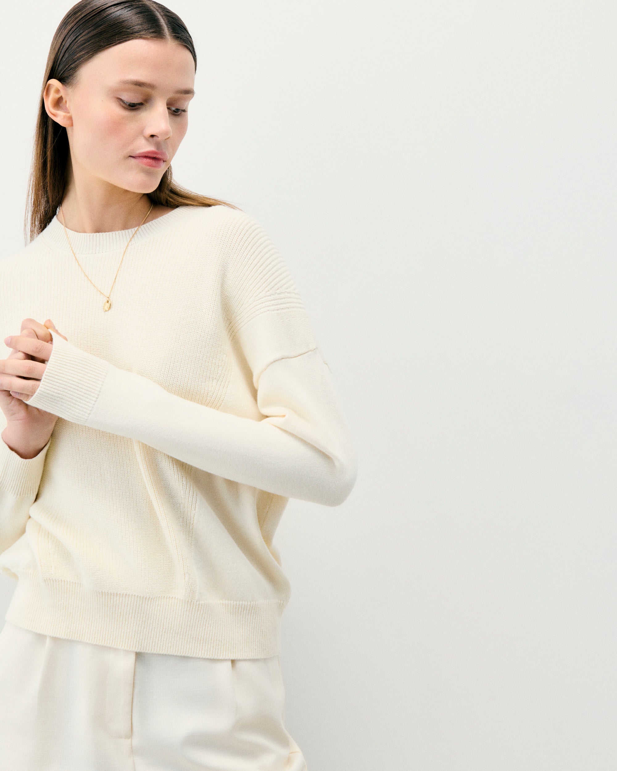 Pull Col Rond Maille Perlée  - Ecru