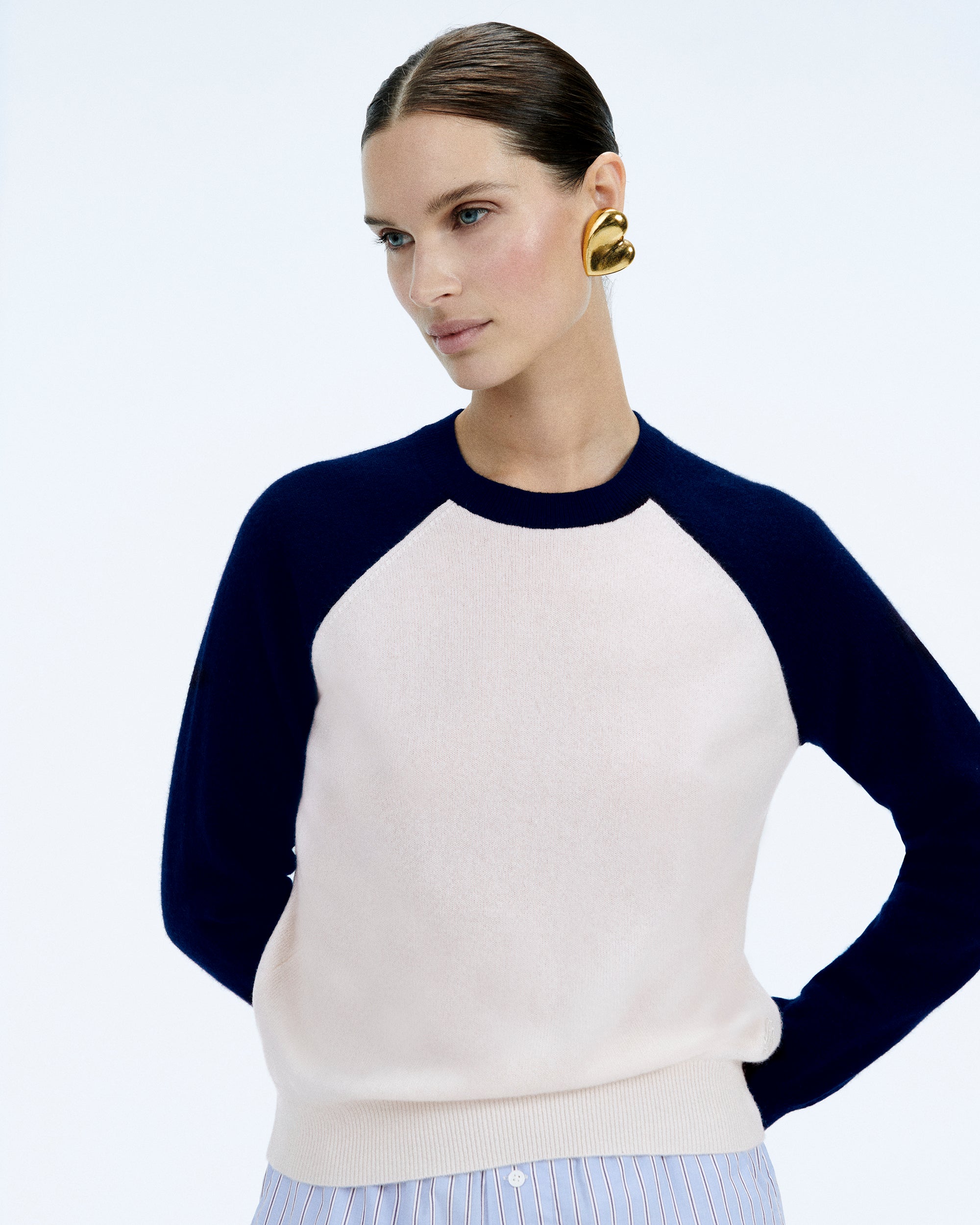 Y. ONLY PORTE / ECRU / NEW / QTY : 1 / Pull Col Rond Manches Contrastées - Ecru