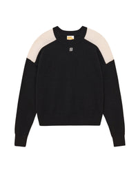 Pull Col Rond Bicolore et Broderie  - Noir