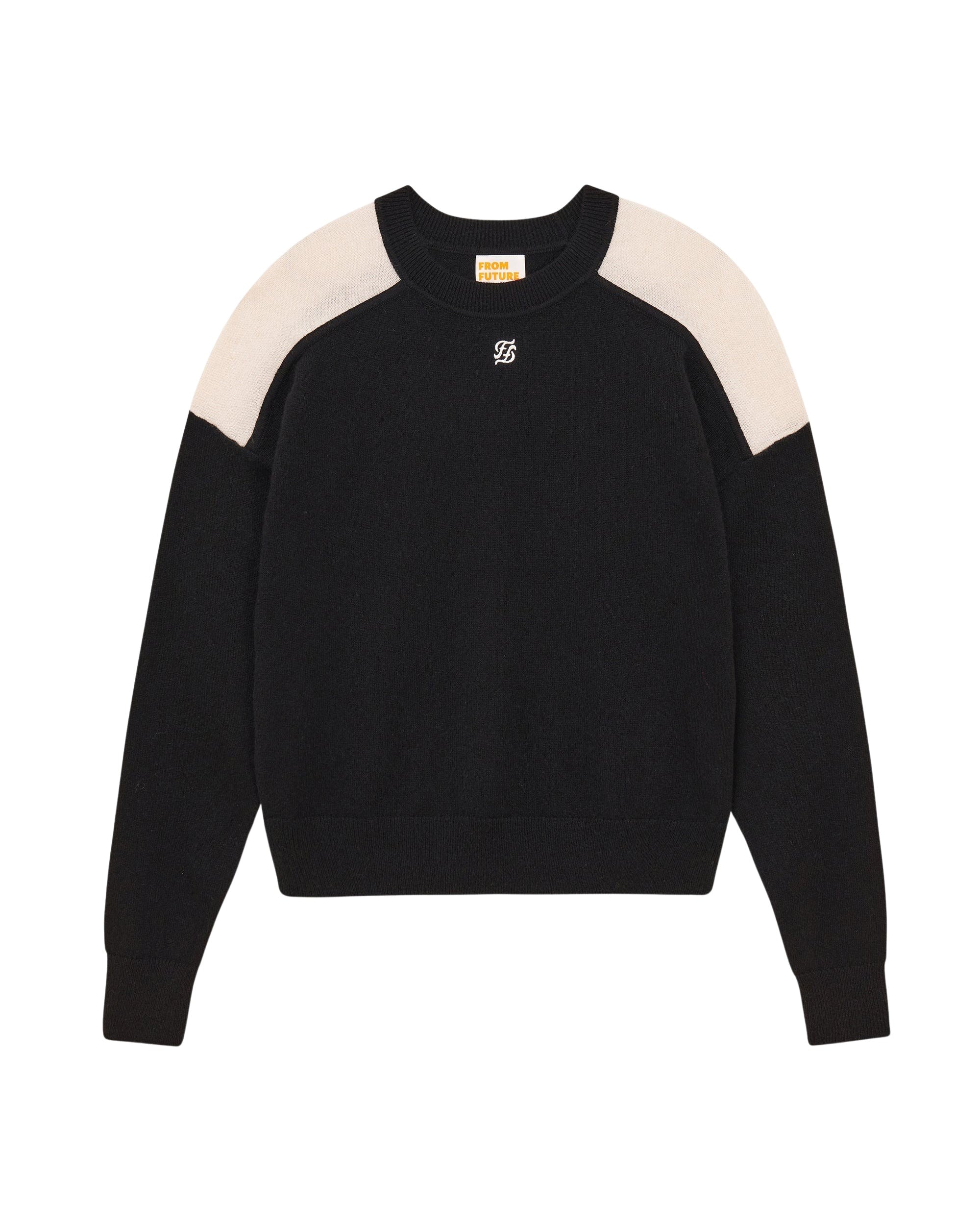 Pull Col Rond Bicolore et Broderie  - Noir