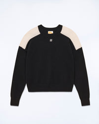 NOIR / NEW / QTY : 6 / Pull Col Rond Bicolore et Broderie - Noir