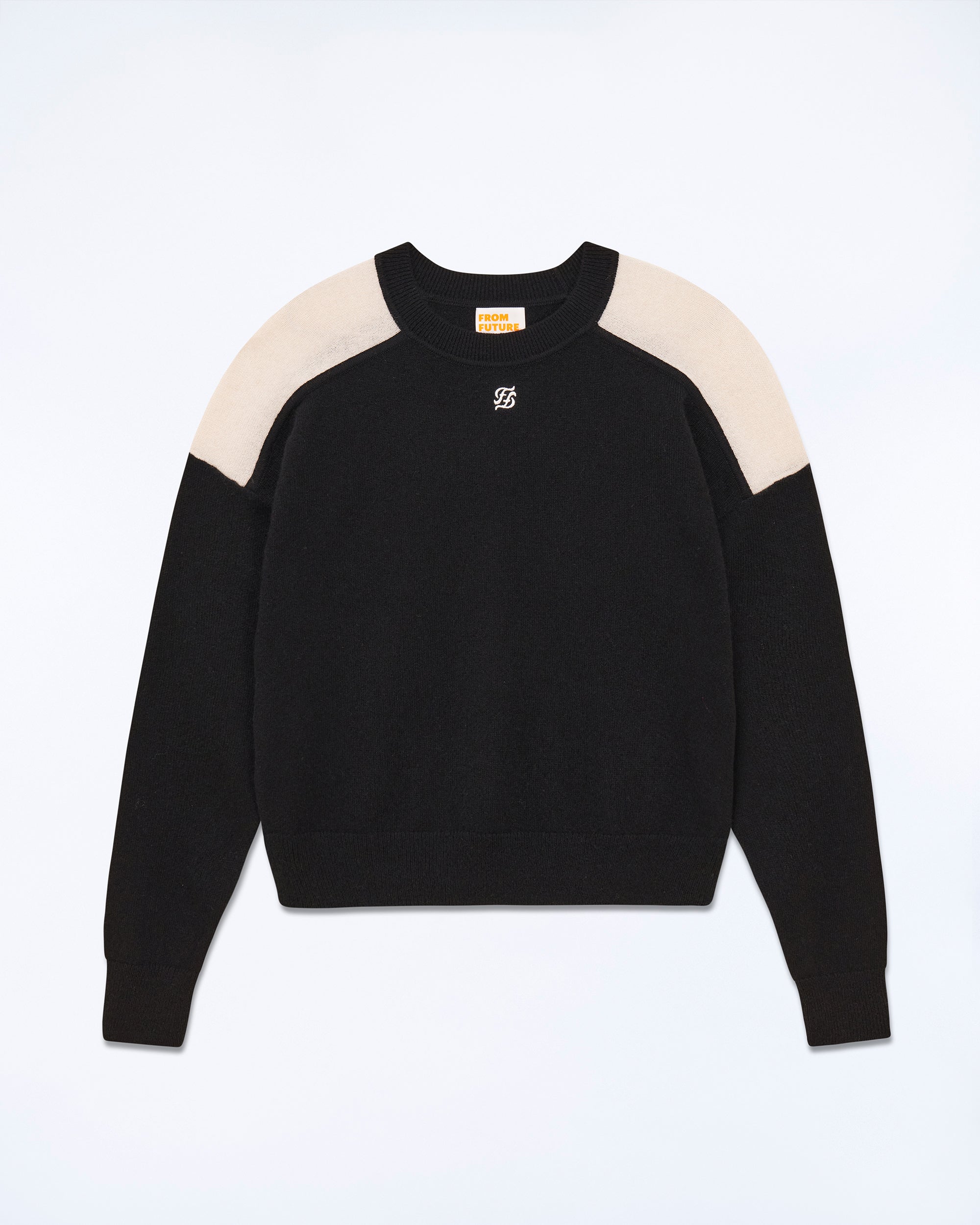 NOIR / NEW / QTY : 6 / Pull Col Rond Bicolore et Broderie - Noir