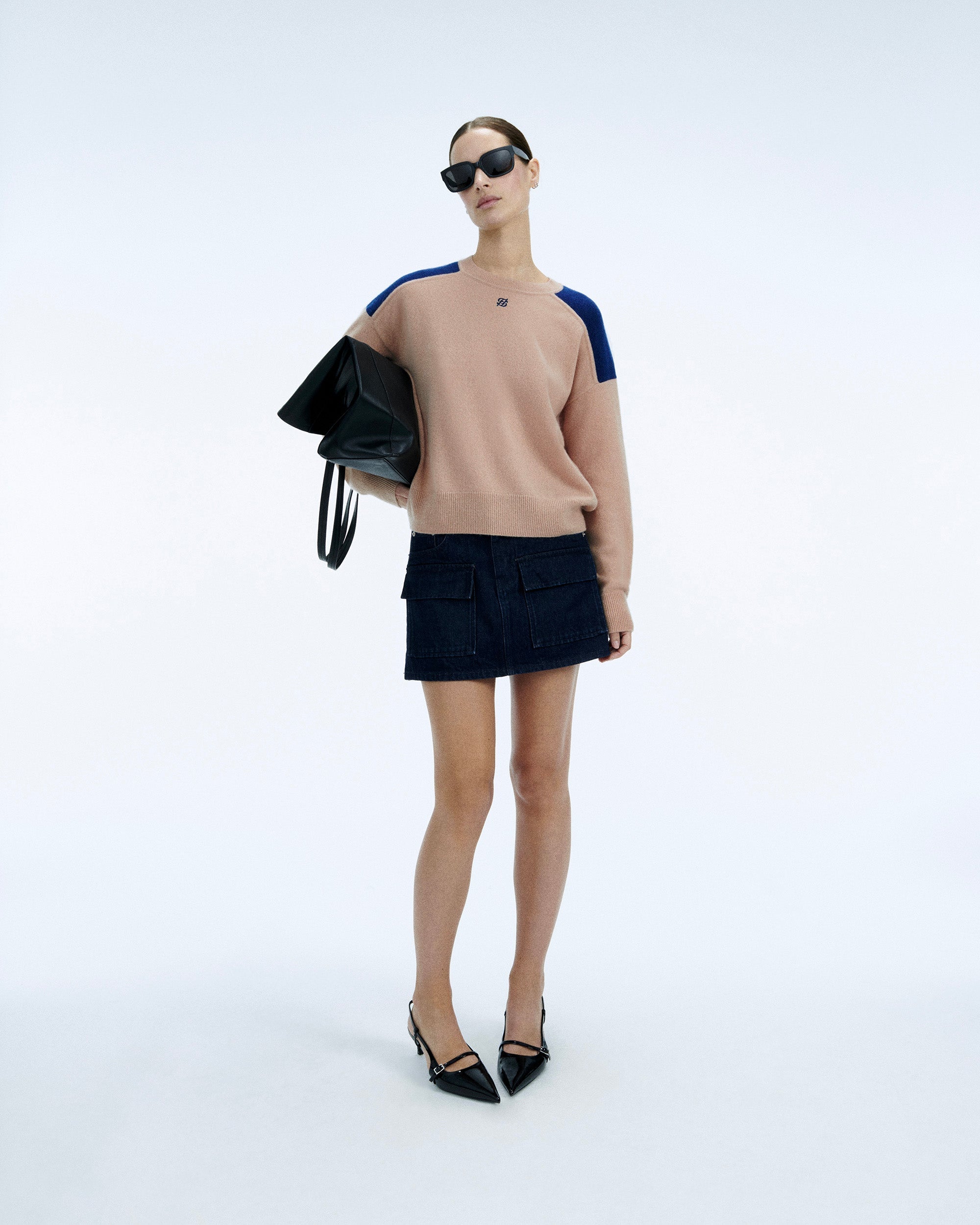 Pull Col Rond Bicolore et Broderie - Noir
