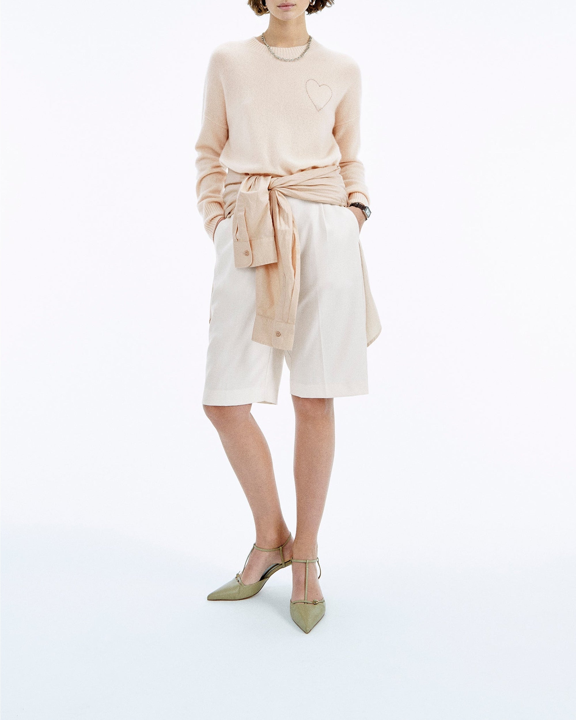 Pull à col rond Coeur brodé en cachemire - Light Beige
