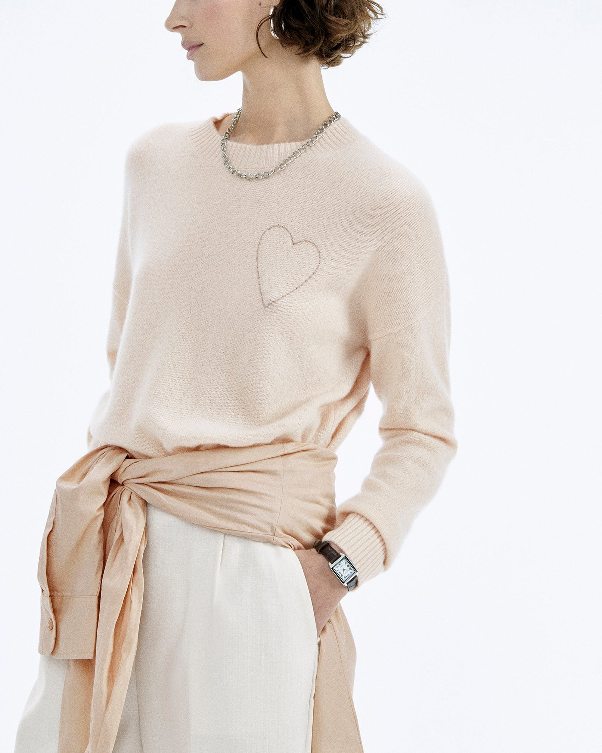 Pull à col rond Coeur brodé en cachemire - Light Beige