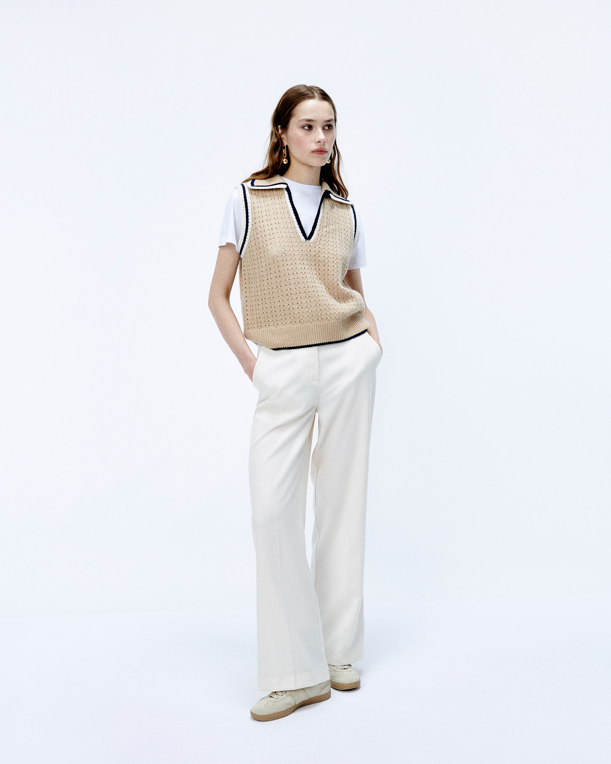BEIGE / NEW / QTY : 1 / Pull Sans Manche Tricot Ajouré - Beige