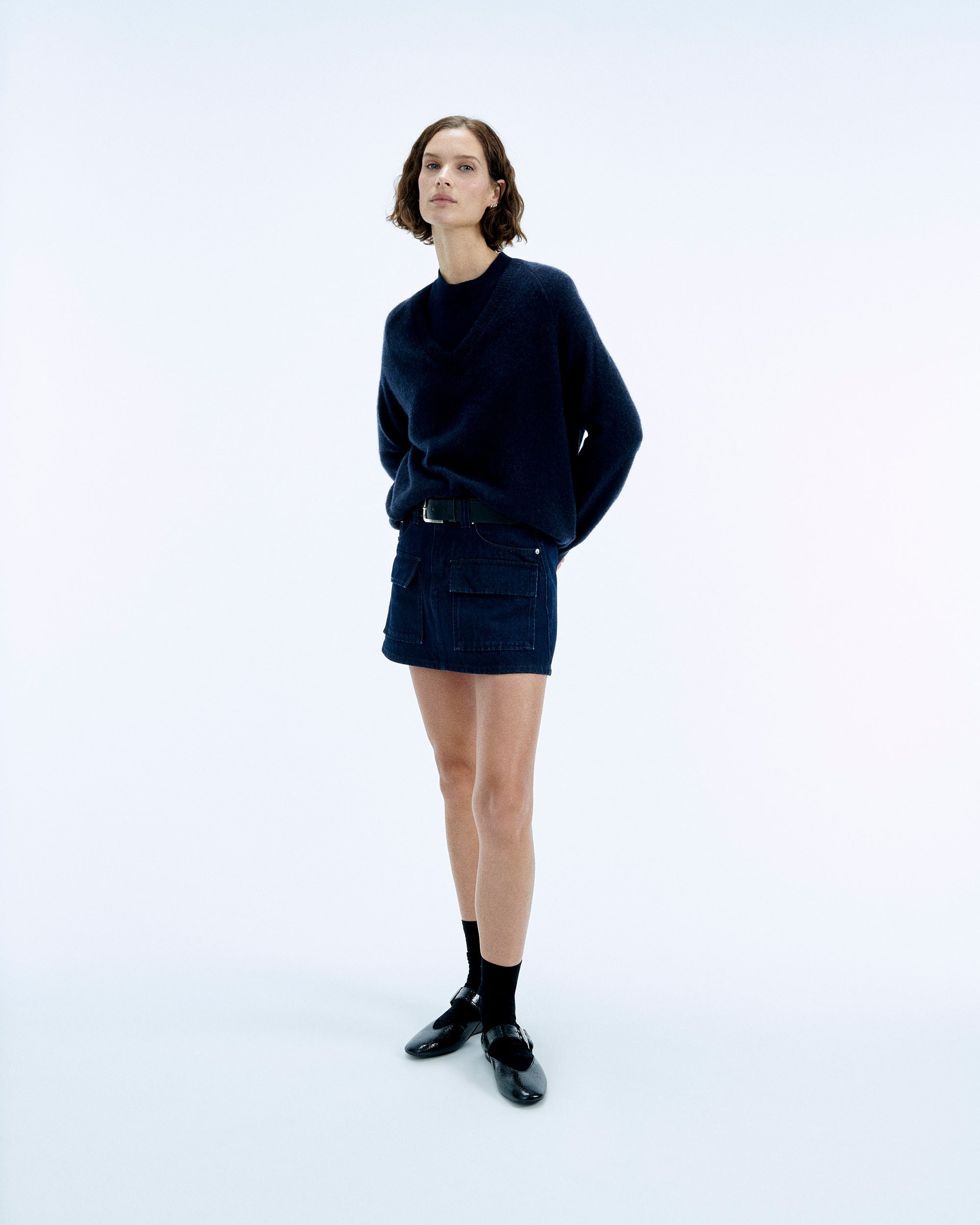 NAVY CHINÉ / NEW / QTY : 7 / Pull Col V Oversize Light - Navy Chiné
