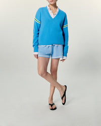 Pull à col V bandes bicolores en cachemire - Magic Blue