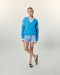 MAGIC BLUE / NEW / QTY : 1 / Pull Col V Bandes Bicolores Manches - Magic Blue