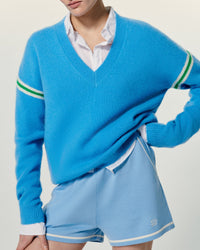 Pull à col V bandes bicolores en cachemire - Magic Blue