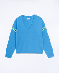 MAGIC BLUE / NEW / QTY : 1 / Pull Col V Bandes Bicolores Manches - Magic Blue