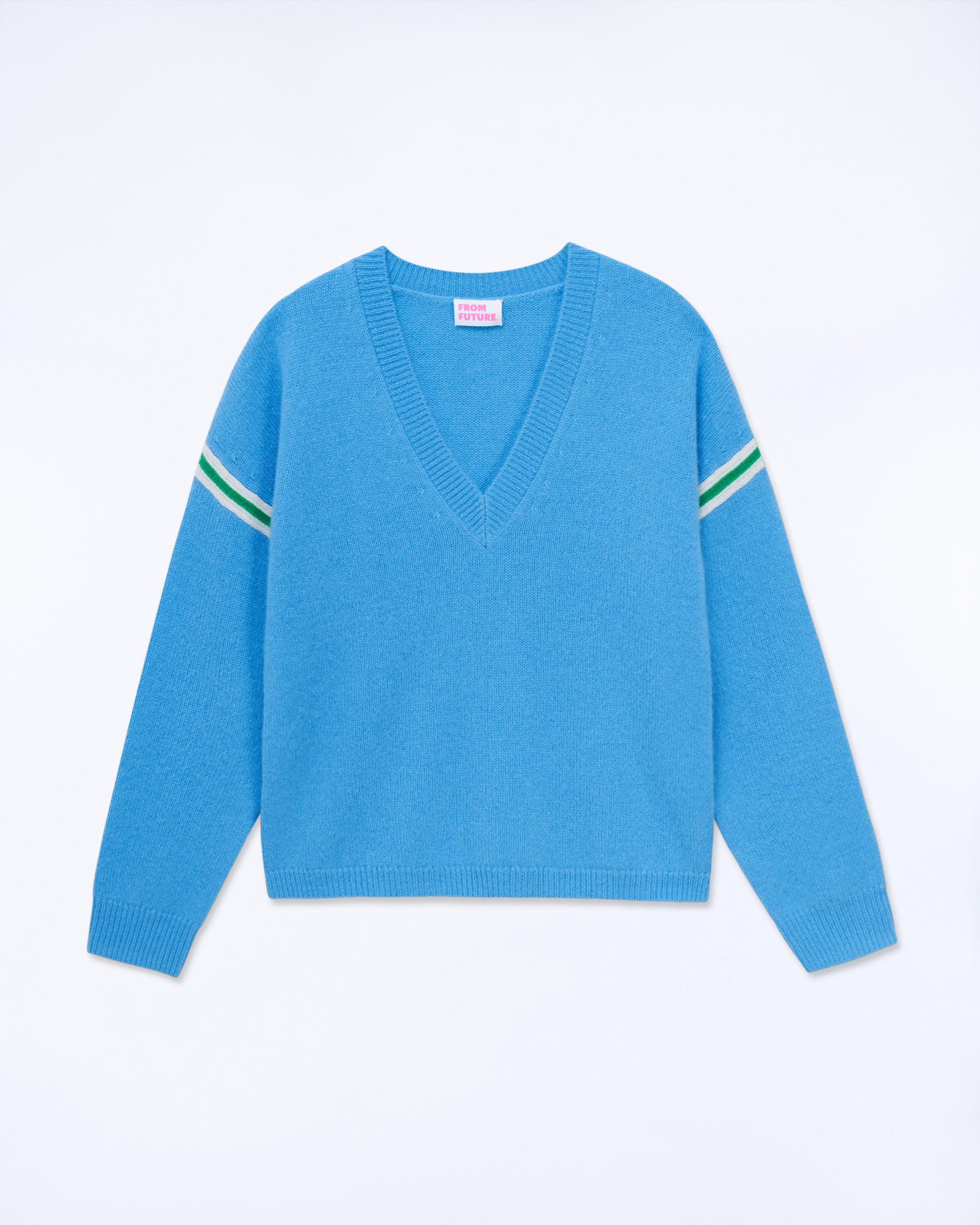 MAGIC BLUE / NEW / QTY : 1 / Pull Col V Bandes Bicolores Manches - Magic Blue