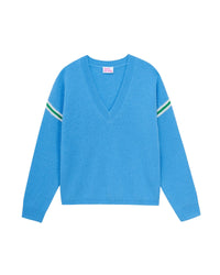 Pull à col V bandes bicolores en cachemire - Magic Blue