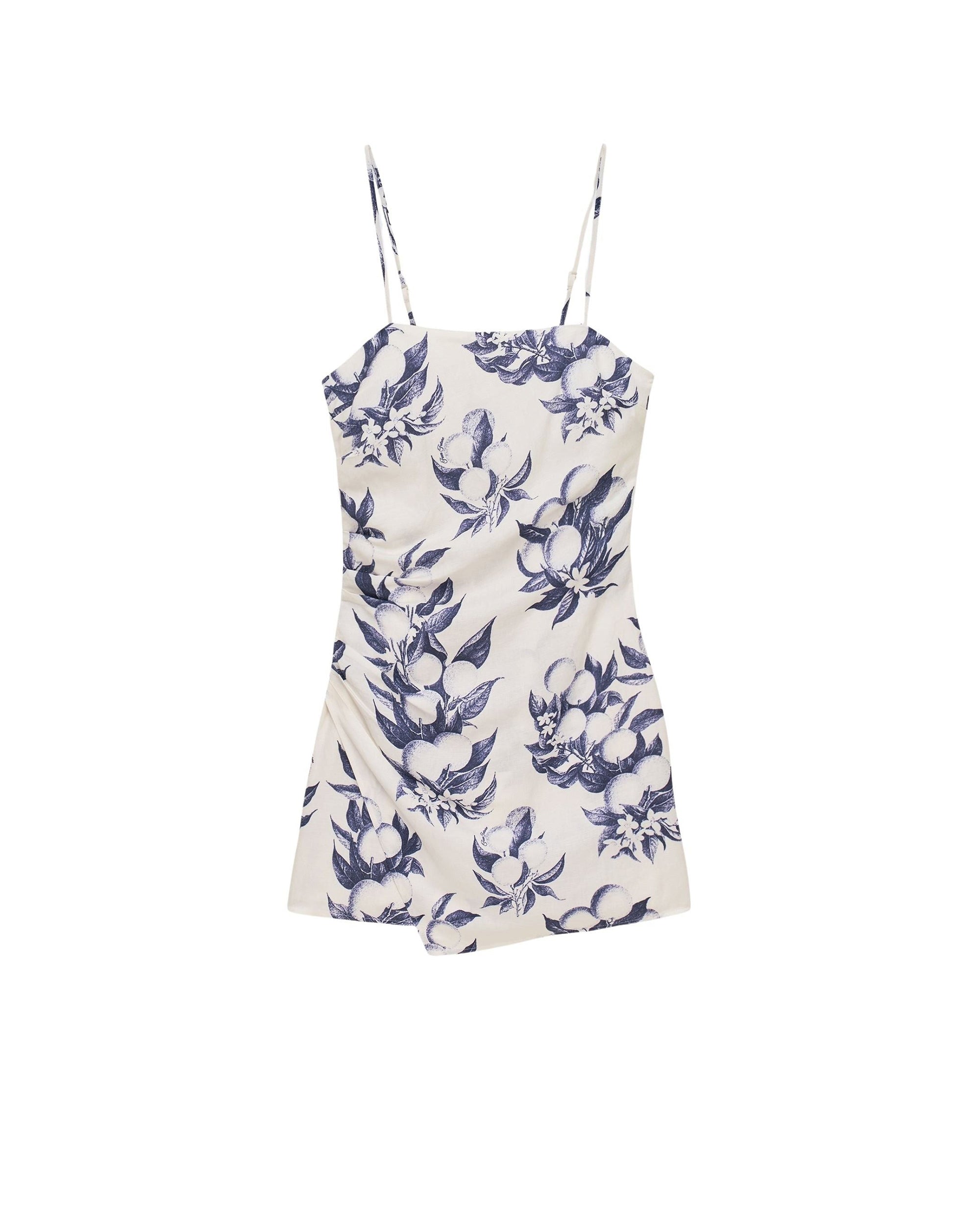 Robe courte à bretelles Rivka en lin - Toile de Jouy