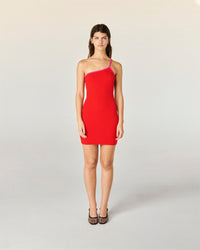 ROUGE VIF / DJV / QTY : 123 / Robe Courte Asymétrique Bicolore - Rouge Vif