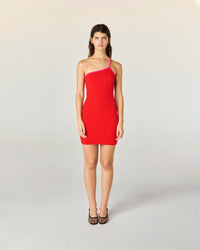 Robe Courte Asymétrique Bicolore  - Rouge Vif