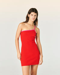 ROUGE VIF / DJV / QTY : 123 / Robe Courte Asymétrique Bicolore - Rouge Vif