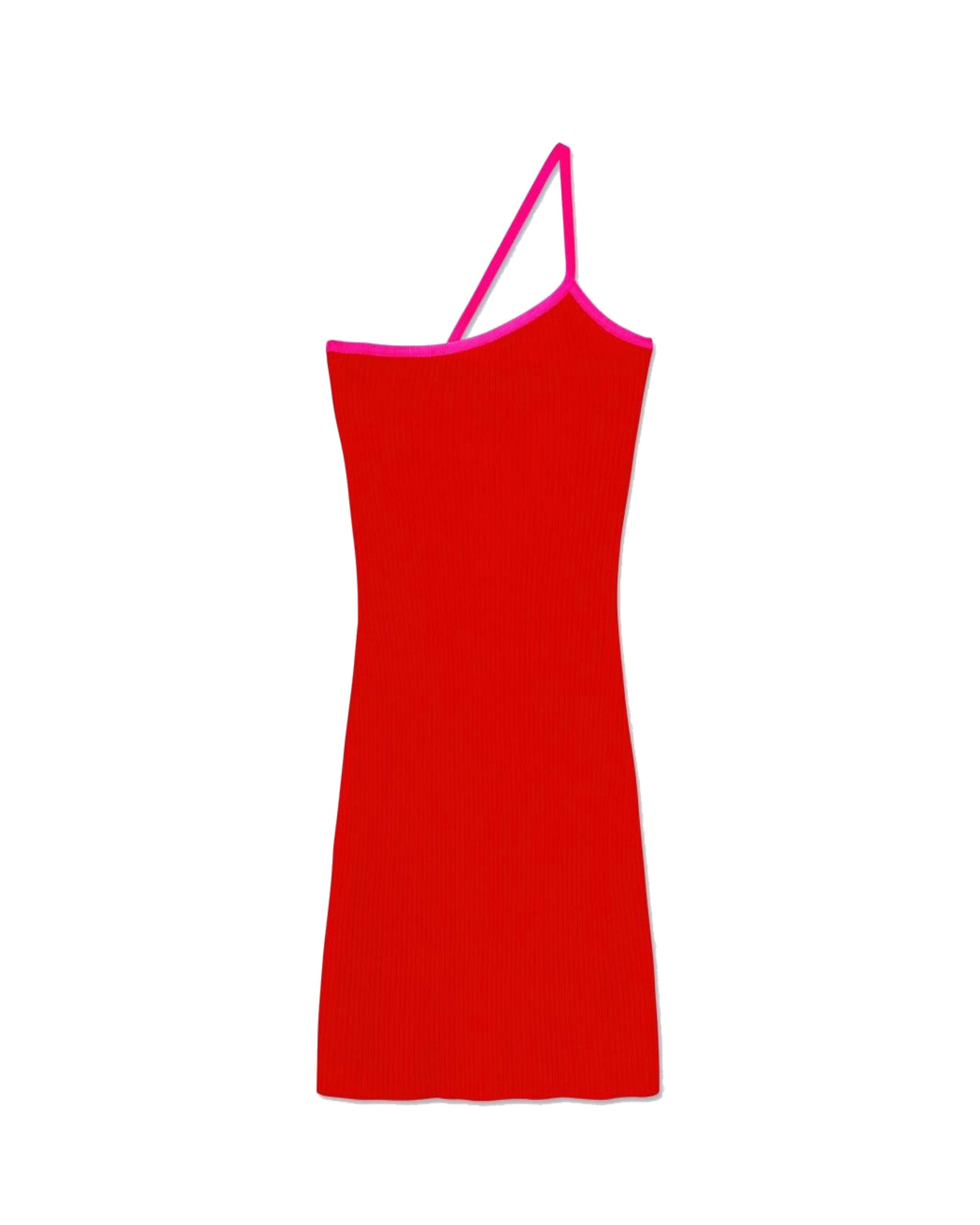 ROUGE VIF / DJV / QTY : 123 / Robe Courte Asymétrique Bicolore - Rouge Vif