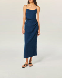Strapless long dress in linen - Navy