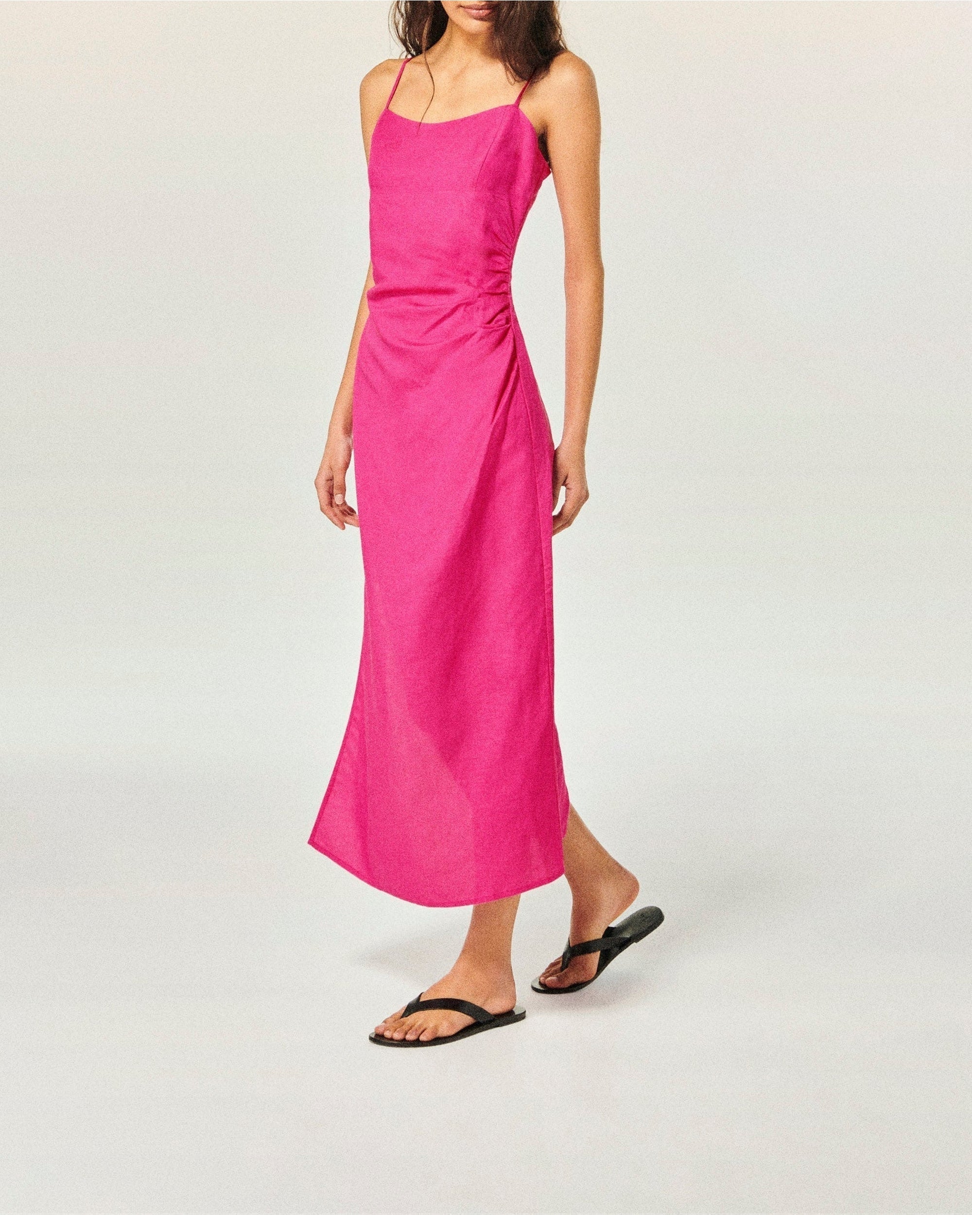 Strapless long dress in linen - Disco Pink