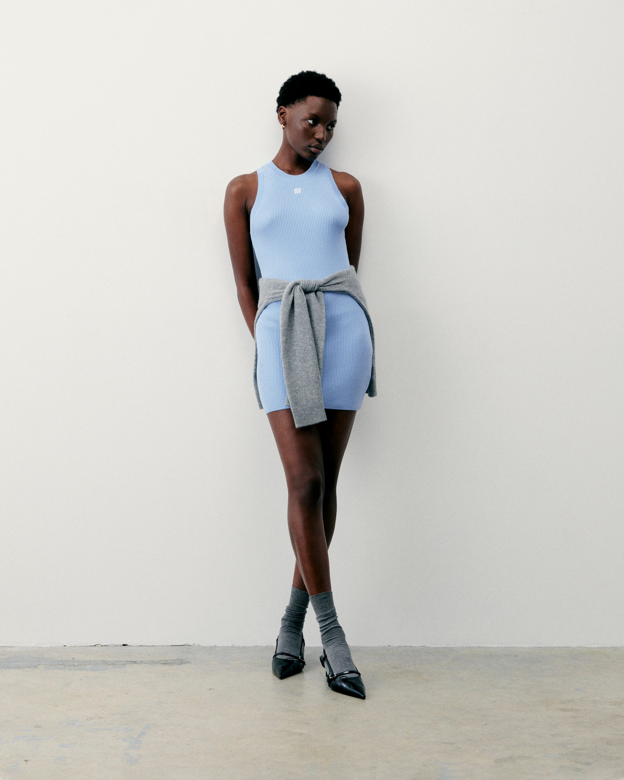 Robe Courte Bretelle Broderie FF  - Baby Blue