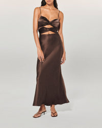 Robe longue à bretelles Naia en soie - Chocolat
