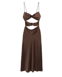 Robe longue à bretelles Naia en soie - Chocolat