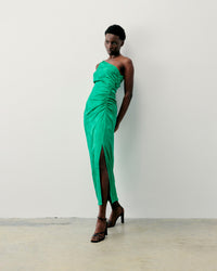 ROSES JACQUARD GREEN / DJV / QTY : 19 / Robe Longue Asymétrique Adele - Roses Jacquard Green