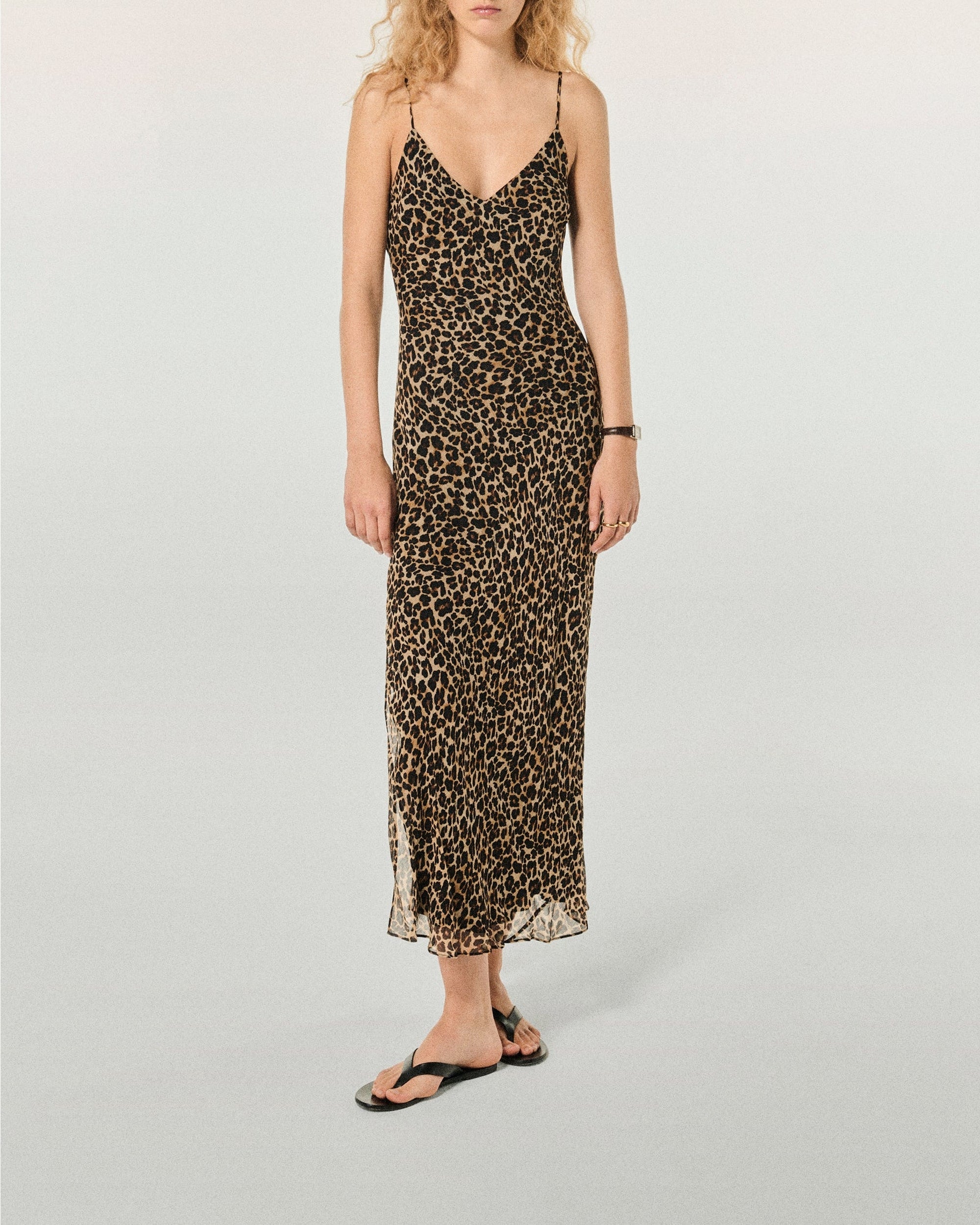 Robe longue à bretelles en mousseline - Winter Leopard