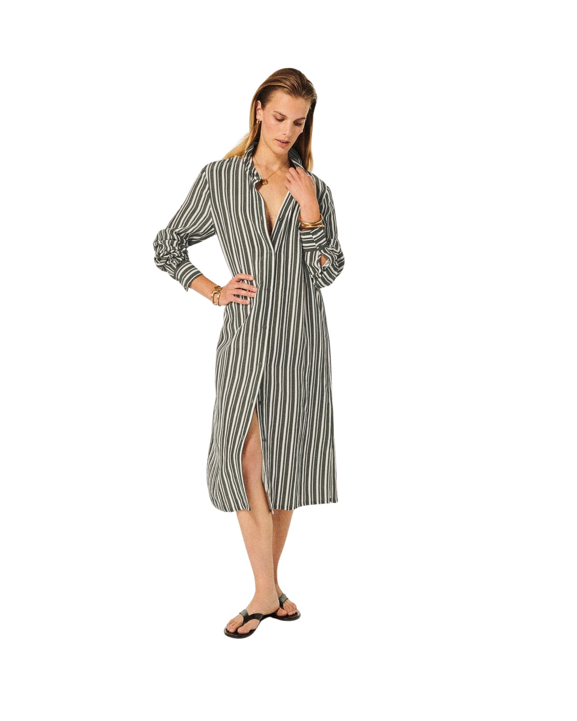 Robe Longue Manche Longue   - Kaki Stripes