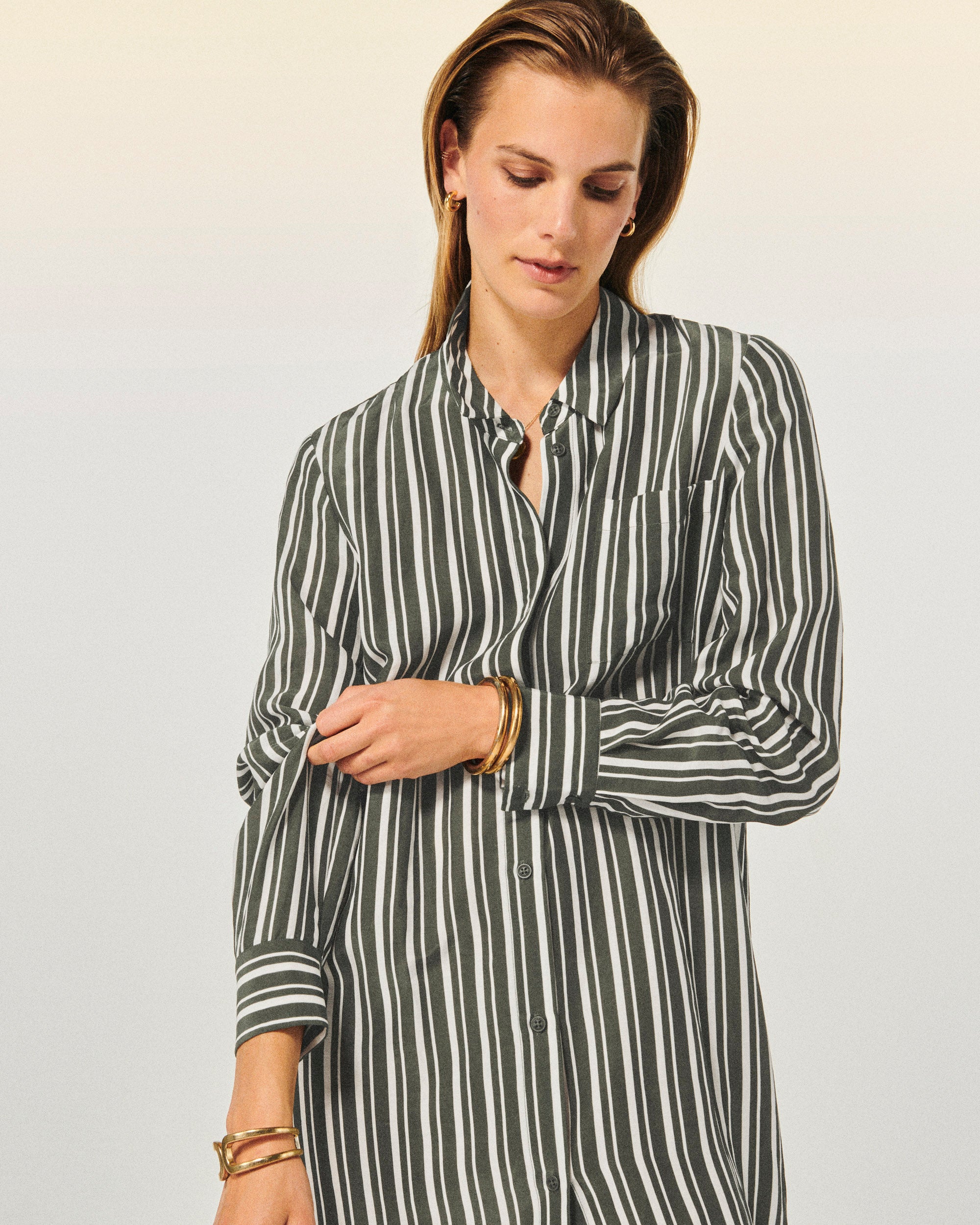 KAKI STRIPES / NEW / QTY : 27 / Robe Longue Manche Longue - Kaki Stripes