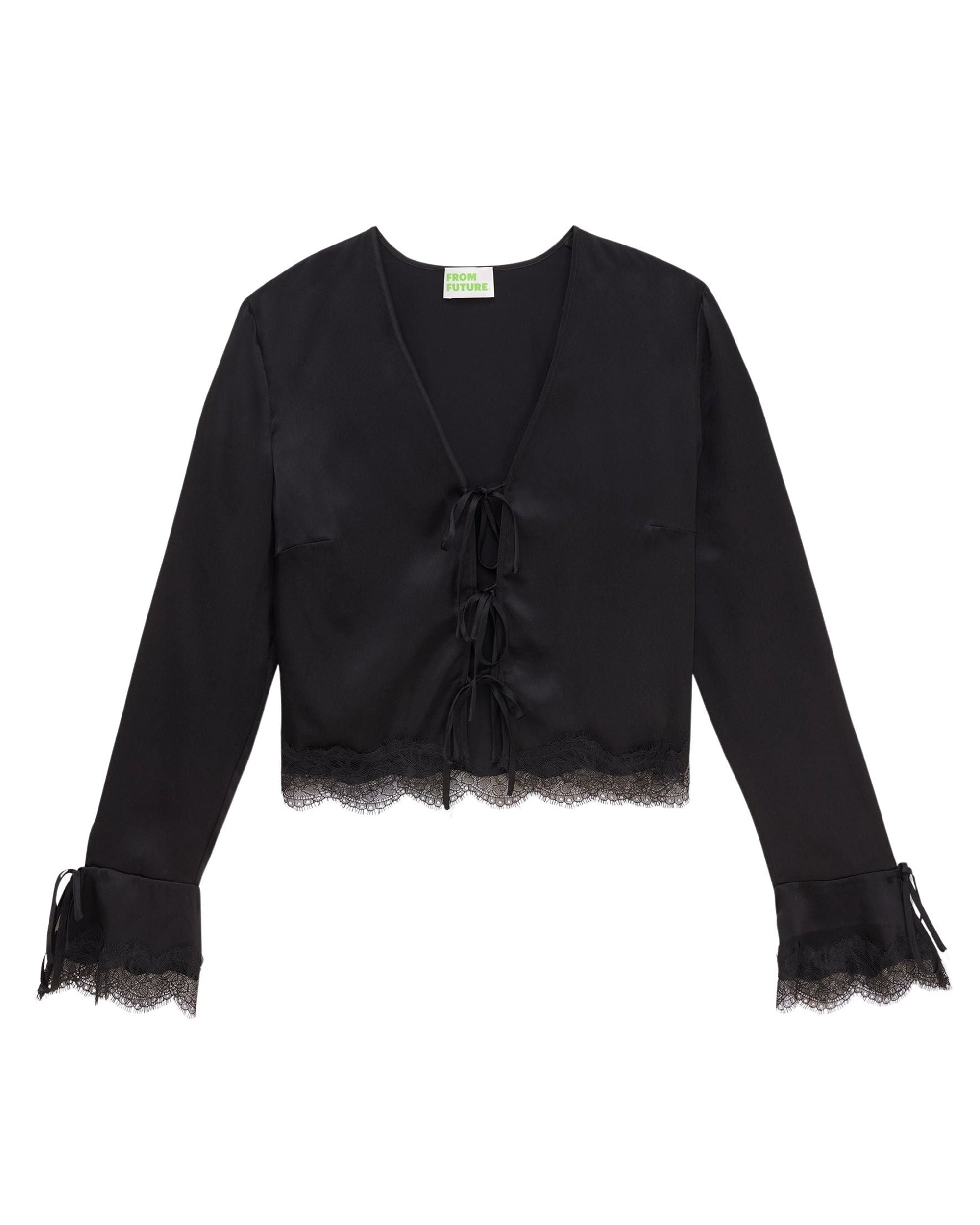 Lace and silk trim top - Black