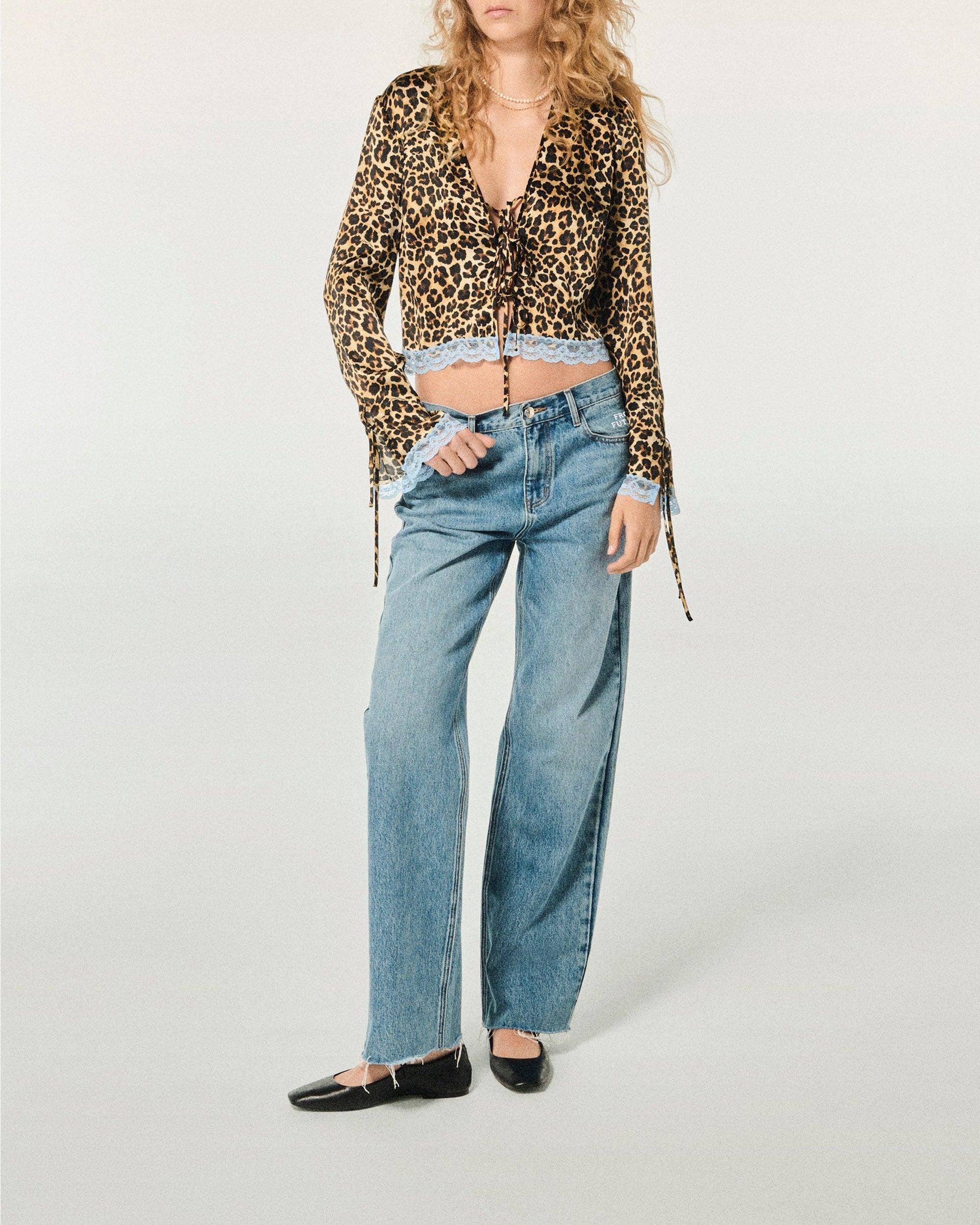 Top with lace and silk edges - Winter Leopard