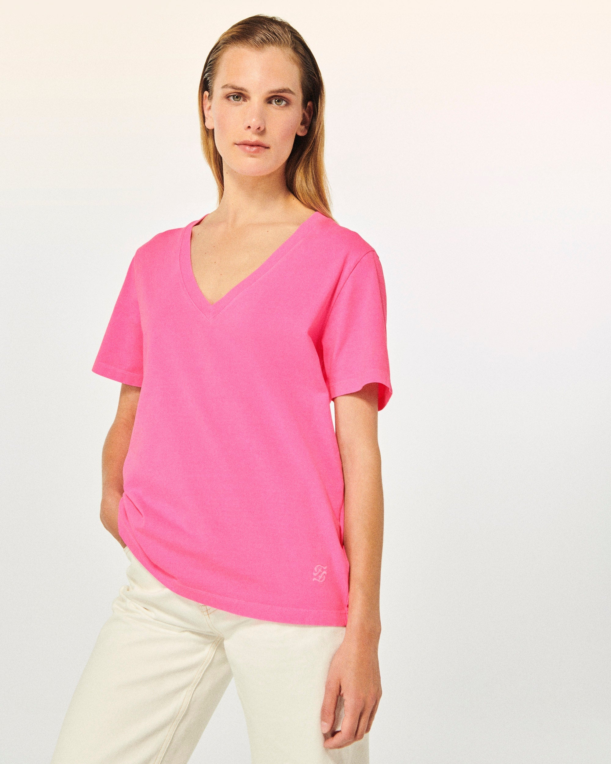 T-shirt Col V Double F  - Baby Blue