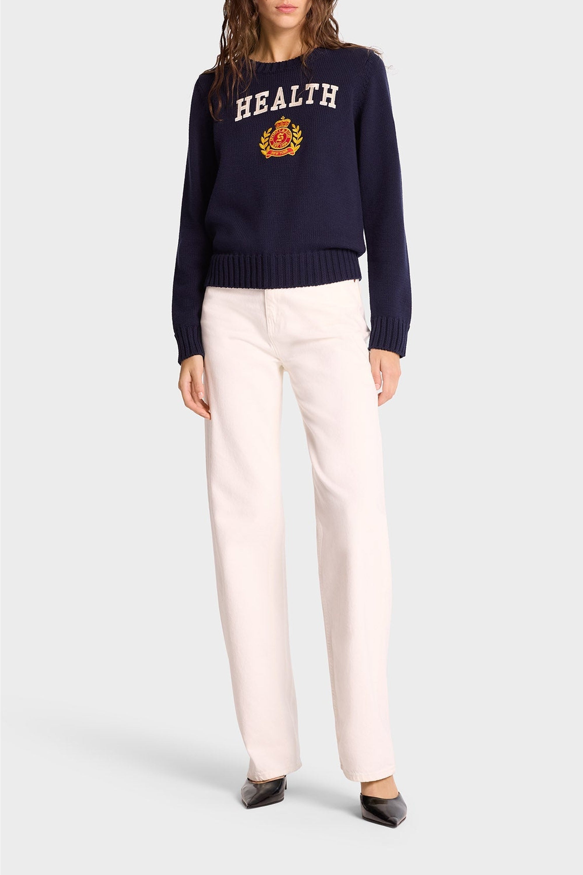 Pull brodé à col rond - Navy