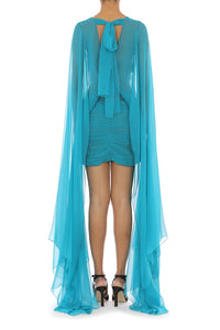 Robe courte à cape en mousseline de soie - Green & Light Blue