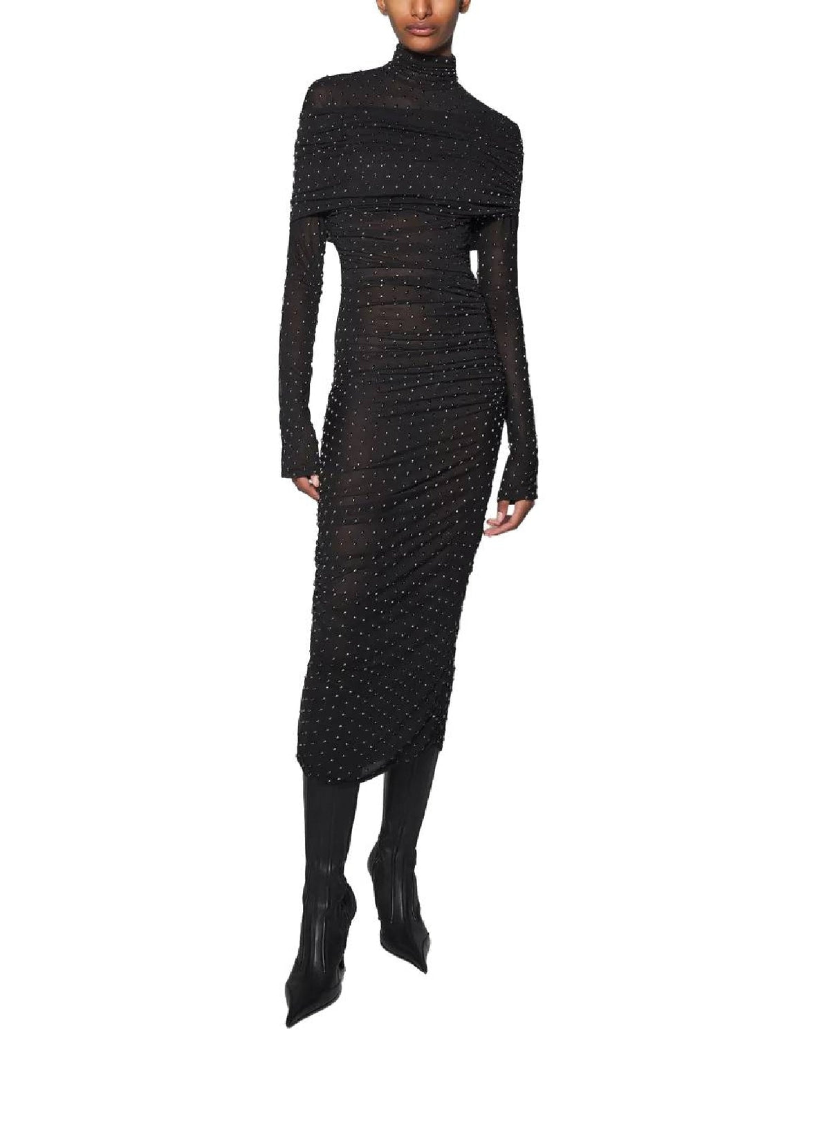 BLACK // black embellished ruched dress