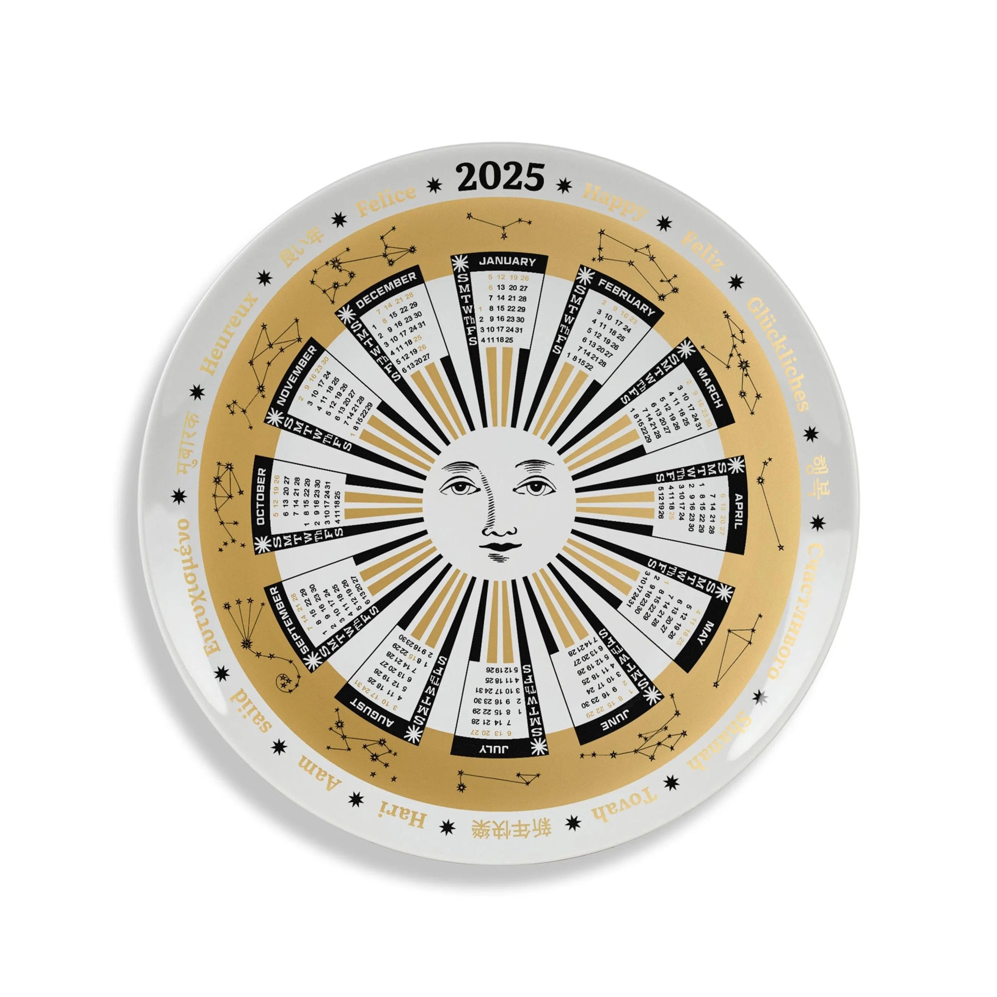 Assiette Calendario 2025 en porcelaine - Or & Noir & Blanc