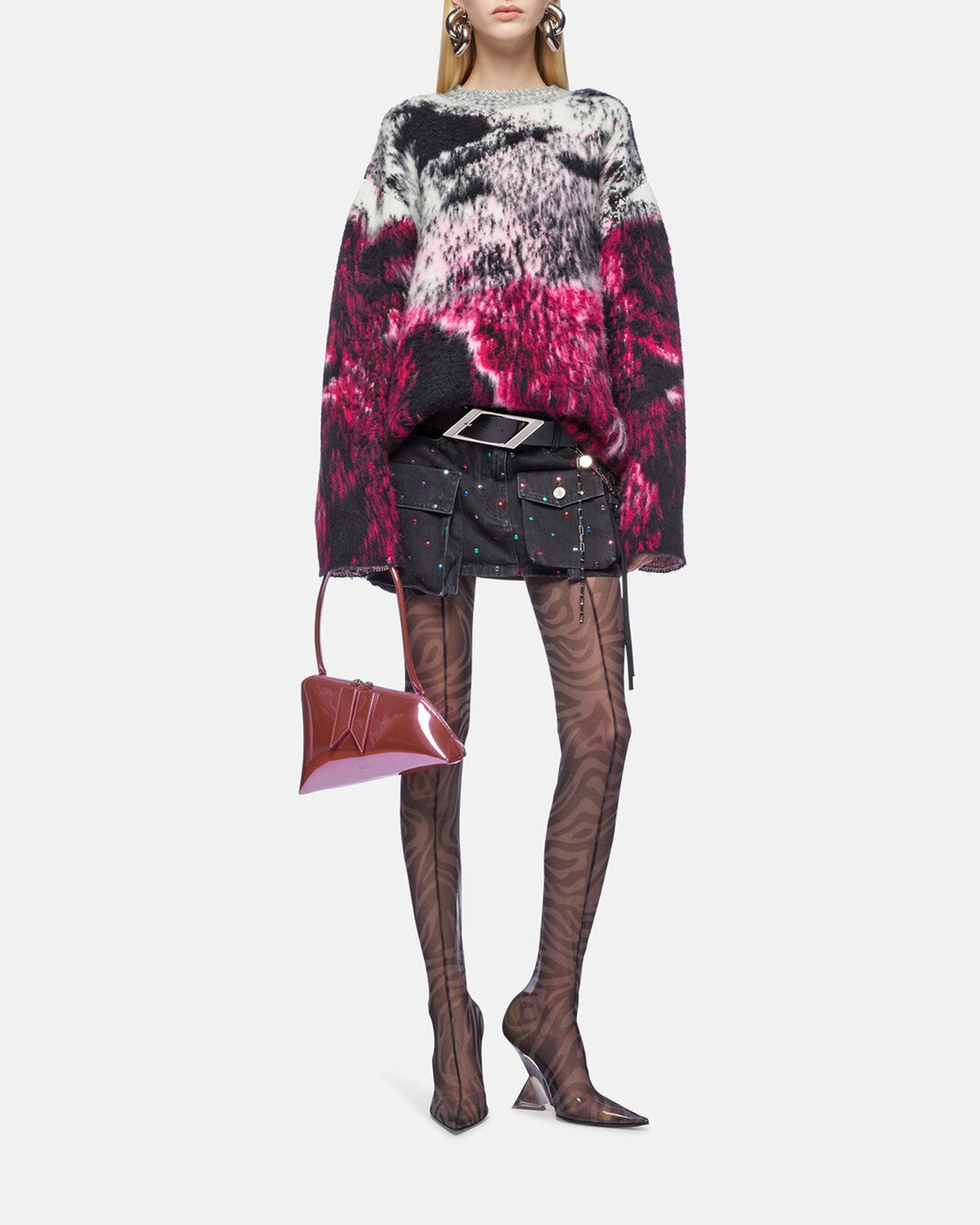 Pull oversize en jacquard de laine - Fuxia & Black & White