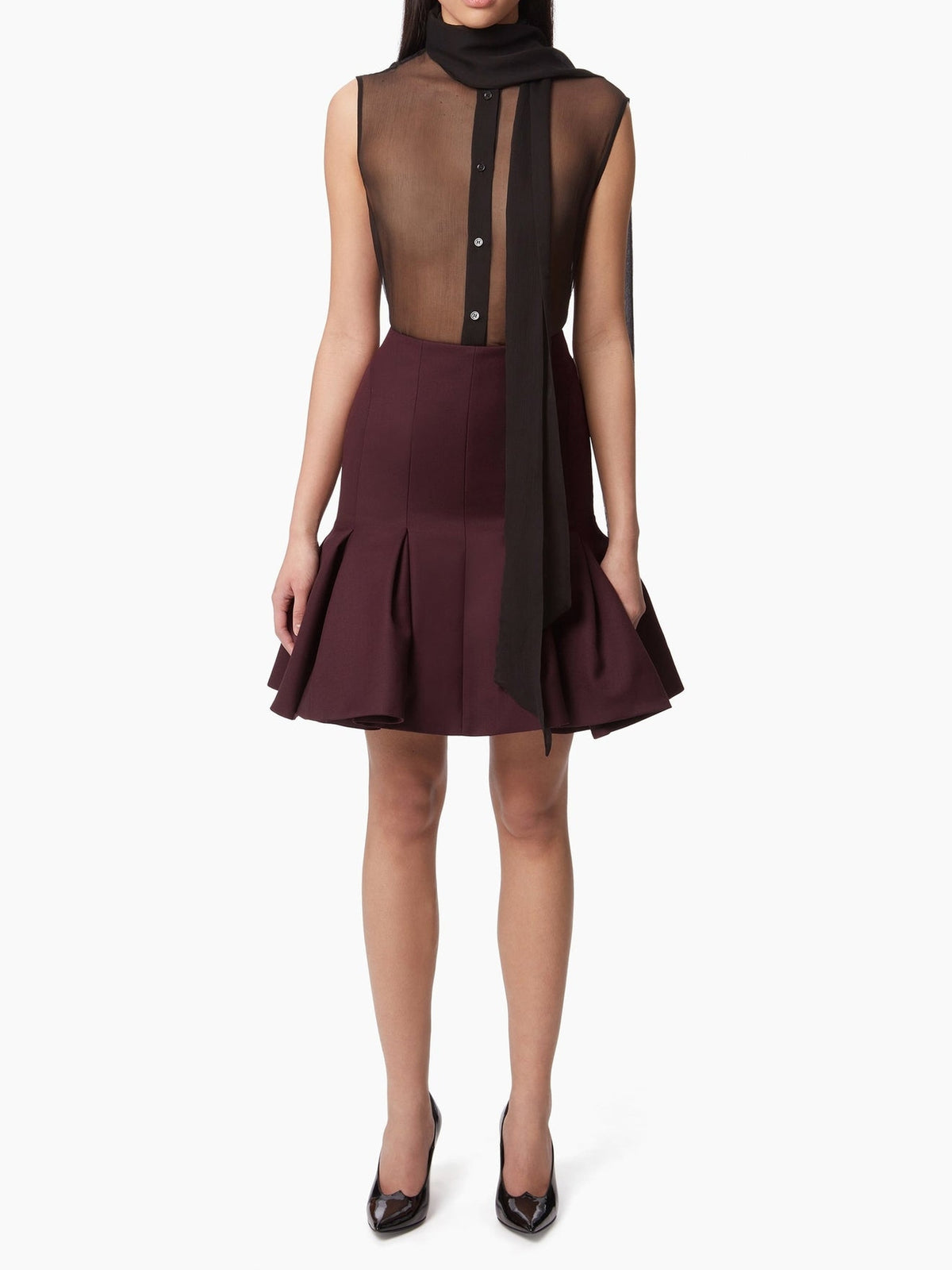 JUPE MIDI PEPLUM EN LAINE - Bordeaux