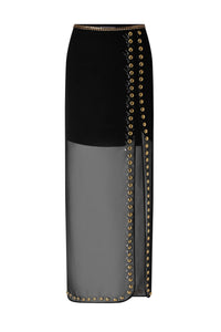 Longue jupe avec fente et broderie - Black