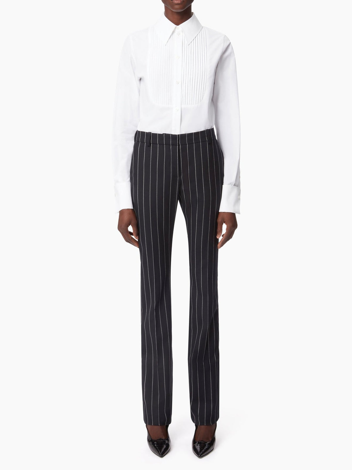 PANTALON DROIT EN LAINE À RAYURES FINES - Bleu Marine