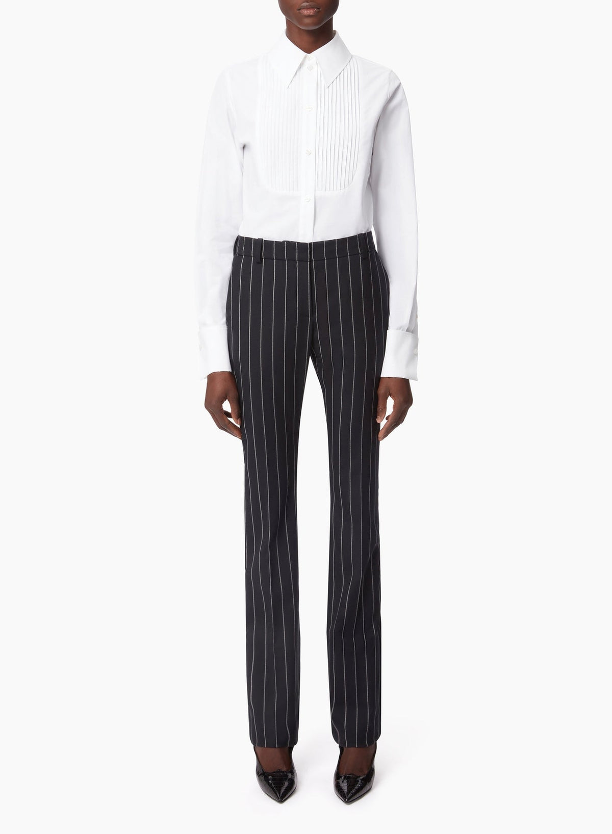 PANTALON DROIT EN LAINE À RAYURES FINES