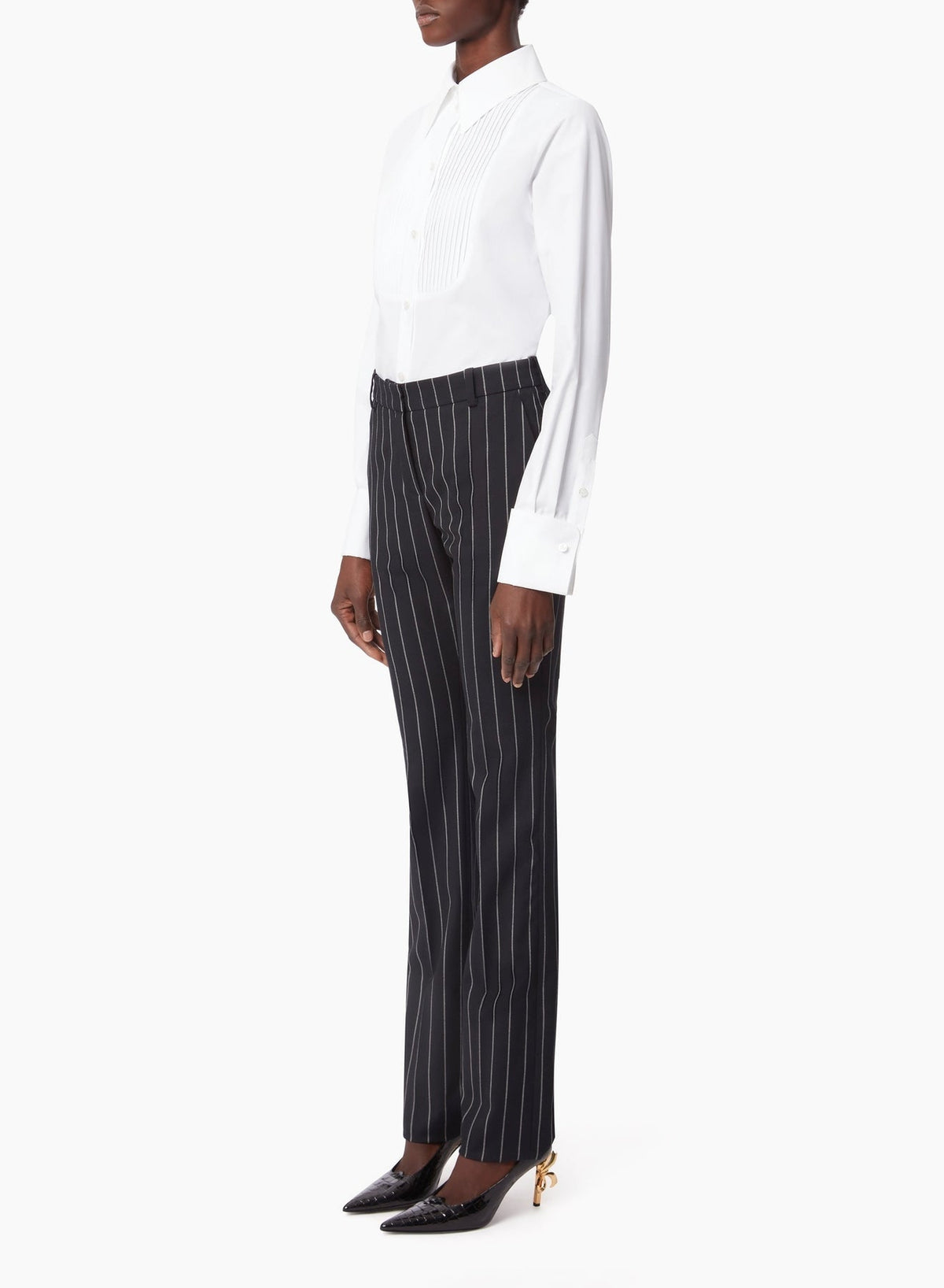PANTALON DROIT EN LAINE À RAYURES FINES