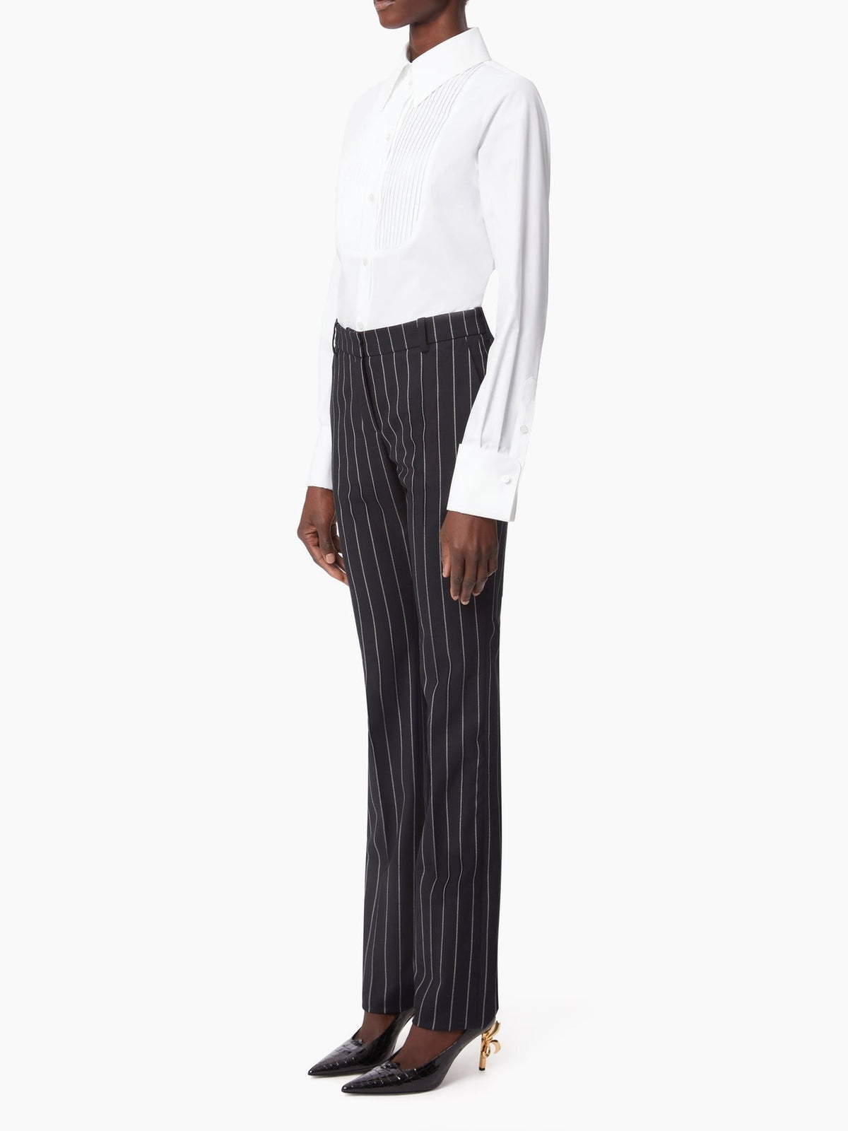 PANTALON DROIT EN LAINE À RAYURES FINES - Bleu Marine
