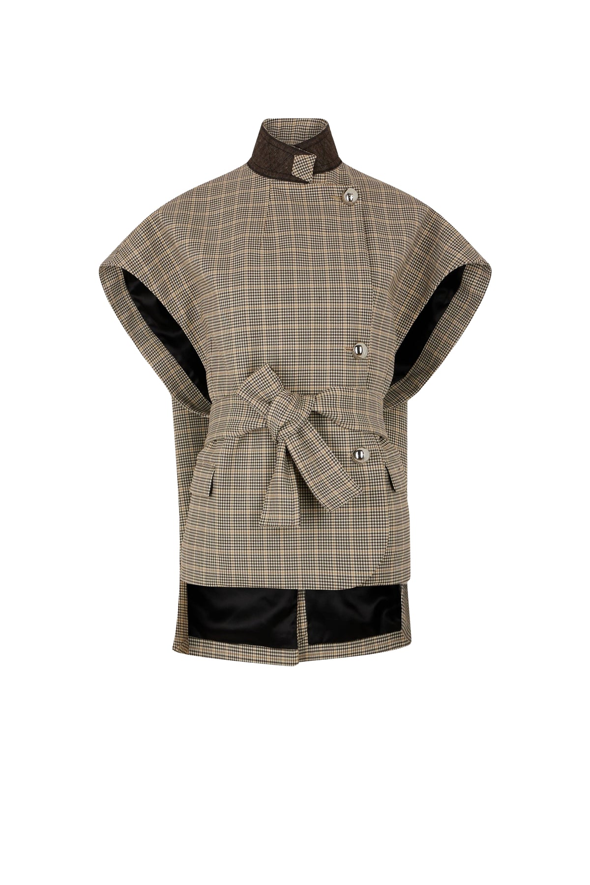 Cape ceinturée à carreaux en laine - Brown & Beige
