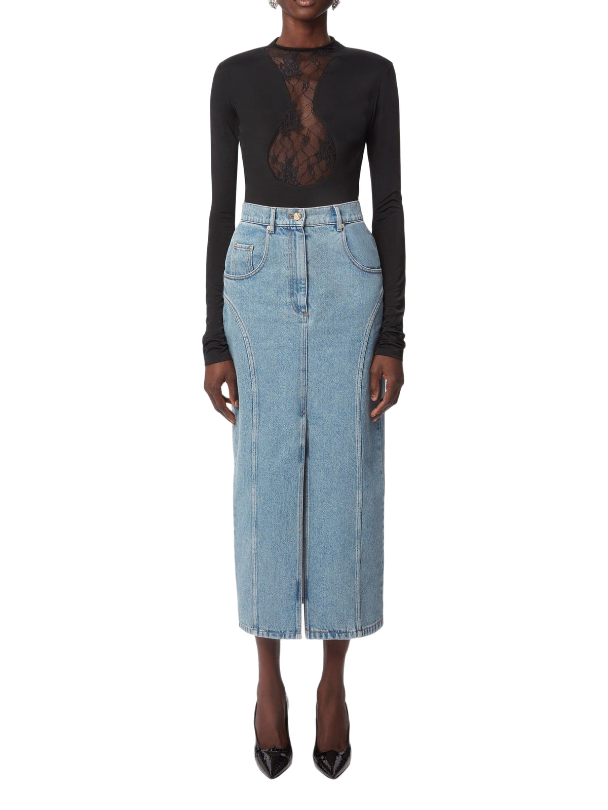 Jupe longue fendue en denim - Bleu