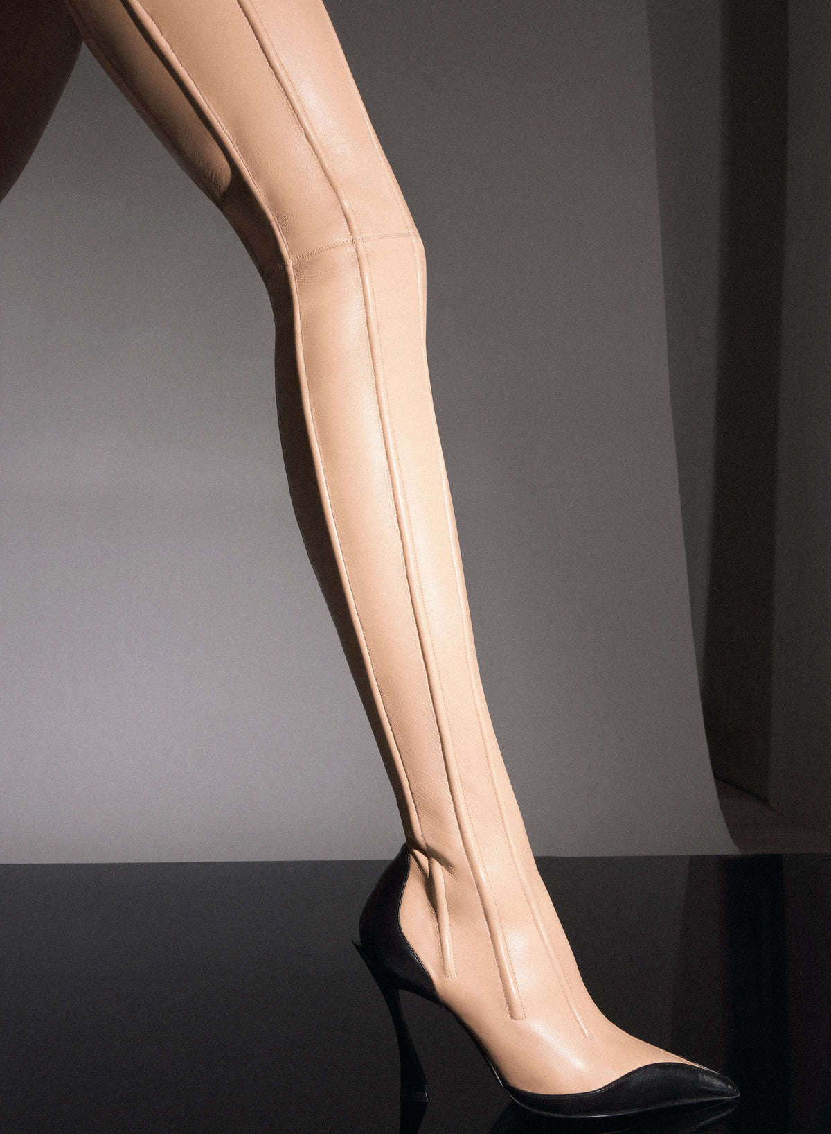 TAN // tan boned leather fang 95 thigh high boots